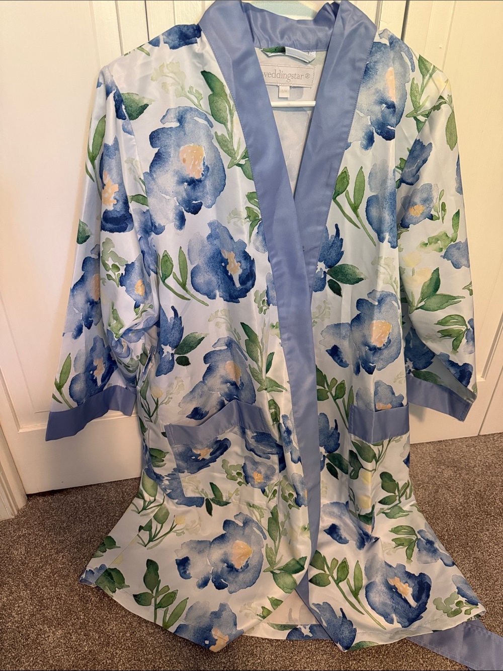 Women's Blue Floral Satin Robe with Shawl Collar